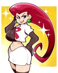 1girls blue_eyes curvy game_freak jessie_(pokemon) legendofnerd long_hair navel nintendo pokemon purple_hair solo team_rocket team_rocket_uniform wide_hips