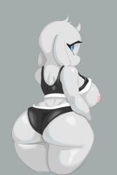 1girls 2024 2d ass big_breasts blue_eyes breasts female female_focus female_only furry goat gray_background grey_background looking_at_viewer looking_back nipples short_shorts shorts solo tank_top tank_top_lift the_heking thick_thighs thighs toriel undertale undertale_(series) white_fur wide_hips workout_clothes