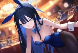 ai_generated arius_satellite_school_student arius_squad_(blue_archive) bare_shoulders black_hair black_pantyhose blue_archive blue_bowtie blue_eyes blue_halo blue_leotard casino detached_collar extended_arms fake_rabbit_ears fake_rabbit_tail female female_only hanging_breasts leaning_forward light_smile long_hair looking_at_viewer medium_breasts people_in_background playboy_bunny saori_(blue_archive) thighband_pantyhose wrist_cuffs