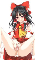 after_sex black_hair blush censored cum cum_inside cumdrip detached_sleeves female female_only highres human pubic_hair reimu_hakurei seductive_smile silve smile solo spread_legs touhou vagina