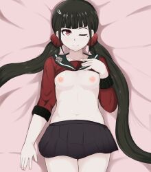 2018 beauty_mark black_hair breasts danganronpa danganronpa_v3 female female_focus female_only flashing flashing_breasts harukawa_maki itz-just-nano laying_on_back laying_on_bed long_hair nipples one_eye_closed red_eyes shirt shirt_lift skirt tied_hair