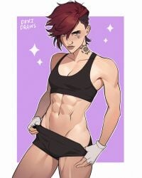 1girls abs arcane arcane_vi boxers dexi_draws ear_piercing freckles gym_clothes hi_res league_of_legends light_skin muscles muscular_female red_hair riot_games short_hair six_pack small_breasts solo sports_bra tattoo undressing vi