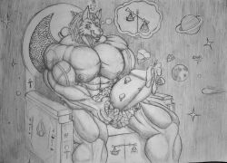 abs absurd_res animal_genitalia animal_penis anthro anubian_jackal anubis anubis_bayek biceps bodily_fluids canid canine canine_genitalia canine_penis canis deity destruction earth egyptian egyptian_mythology erection extreme_size_difference fire fur genital_fluids genitals hair hi_res improvised_sex_toy jackal macro macro_penetration male mammal masturbation middle_eastern_mythology monochrome moon muscular muscular_anthro muscular_legs muscular_male mythology nipples nude open_mouth pecs penetration penis planet precum size_difference sky solo space star teeth terra_macro tiotiored tongue traditional_media_(artwork)