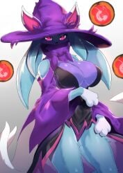 anthro big_breasts big_thighs blue_body blue_fur boob_window feline female female_only fur furry huge_breasts katress looking_at_viewer pal_(species) palworld pink_eyes purple_body purple_fur solo tagme thick_hips thick_thighs thighs torahime