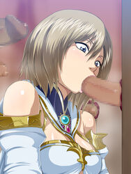 ashelia_b'nargin_dalmasca bare_shoulders blonde_hair blue_eyes brown_hair censored dark-skinned_male dark_penis dark_skin fellatio female final_fantasy final_fantasy_xii flapper_shirt glory_hole highres interracial lipstick male mosaic_censoring open_mouth oral penis raburebo short_hair sweat