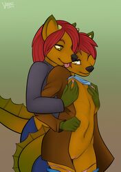 anthro canine female flat_chested fox fur furry nipples pussy scalie skimpy vannie yuri