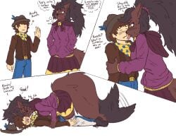 1boy 1girls aged_up anthro big_breasts bottomwear breasts canid canine clothing clover_(undertale_yellow) cowboy_hat dialogue duo female fluffy fluffy_tail fox hat headgear headwear human human_on_anthro interspecies kanako_(undertale_yellow) kissing legwear licking male male/female mammal rubbing scent_marking signirsol skirt stockings tail thick_thighs tongue tongue_out undertale undertale_(series) undertale_yellow