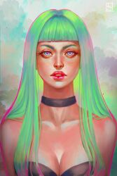 choker eyelashes green_eyebrows green_hair looking_at_viewer pink_eyes red_lips serafleur