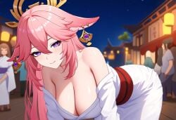 ai_generated ass bare_shoulders cleavage earrings female_focus festival fox_ears genshin_impact hair_between_eyes halo hanging_breasts large_breasts leaning_forward long_hair looking_at_viewer night night_sky novelai people_in_background pink_hair purple_eyes seductive_look seductive_smile town village white_clothing yae_miko yukata