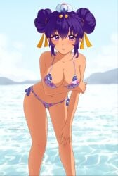 1girls bikini black_hair brawl_stars cleavage hanbok_mandy_(brawl_stars) large_breasts mandy_(brawl_stars) orexovayapasta_(artist) purple_eyes solo water