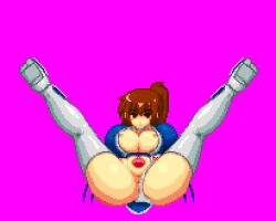 1girls 2017 anonymous_artist barely_visible_anus big_breasts brown_eyes brown_hair dead_or_alive eye_contact eyebrows_visible_through_hair kasumi_(doa) legs_spread m.u.g.e.n on_back panties_aside pixel_art png purple_background pussy shiny_skin solo_female sprite sprite_art sprite_edit thighhigh_boots