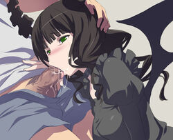 akira02 bat_wings black_hair black_rock_shooter censored cum cum_in_mouth dark_penis dead_master fellatio female green_eyes hand_on_head horns oral penis tongue wings