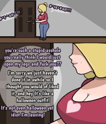 1boy 2girls bitchy blonde_hair clothing comic_page dialogue eavesdropping english_text fully_clothed hi_res insult listening milf mole mother profanity tagme text uniimom