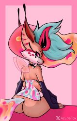 4_arms anthro ass azuriefox bee black_choker black_nose breasts canid canine choker demon eyelashes female fox freckles fur heart heart_nose helluva_boss hybrid insect_wings insects jewelry long_hair multi_arm multi_limb pink_eyes queen_bee-lzebub_(helluva_boss) wings yellow_body yellow_fur yellow_sclera