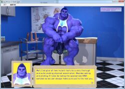 3d 3d_(artwork) anthro balls bara beast_(x-men) big_penis blue_body blue_skin blue_skinned_male bulge clothing flaccid furry glasses hank_mccoy male male_only marvel marvel_comics muscles muscular penis sitting snarlthewerewolf solo solo_male text_box x-men