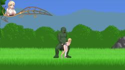 animated arms_held_back bent_over blonde_hair breasts clementine_(unholy_disaster) clothing_aside cum cum_inside dress female green_eyes large_breasts moaning monster orc orgasm pixel_art rape restrained sash sex sex_from_behind sound standing_sex tagme unholy_disaster video