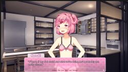 1girls a_month_with_natsuki blushing ddlc_text_box doki_doki_literature_club female flirting flirty hands_on_hips kitchen natsuki_(doki_doki_literature_club) open_mouth pink_bra pink_eyes pink_hair pink_panties solo speaking_to_partner talking_to_partner text text_box the_bike