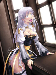 ahe_gao alternate_color alternate_costume archbishop breasts cleavage crotch_rub female long_hair masturbation mr._romance purple_eyes purple_hair pussy_juice ragnarok_online table_humping thighhighs tongue