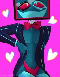 blue_skin bowtie brainwashed brainwashing demon demon_humanoid hazbin_hotel male male_only object_head open_shirt panties suggestive suit_jacket thigh_highs thighhighs thighs tv_head underwear vox_(hazbin_hotel)