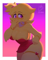 1girls anthro areolae at big_breasts blush breasts chica_(cally3d) chica_(fnaf) chiku chiku_(cryptia) clothed clothing cosplay curvy evil_cibor fazclaire's fazclaire's_nightclub female female_only five_nights_at_freddy's fredina's_nightclub full_body furry gradient_background hand_on_hip hick_thighs holding holding_dressed holding_skirt hourglass_figure humanoid lb_cibor looking_back nightclub nipples pink_background purple_background purple_eyes solo solo_female solo_focus white_background wide_hips yellow_body yellow_hair