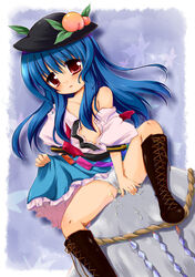 akino_ochiba awakyu blue_hair boots cum food fruit hat keystone long_hair open_clothes panties peach_(fruit) red_eyes shimenawa solo tenshi_hinanawi touhou underwear