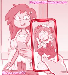 1boy 1girls 2024 amphibia amphibia_(finale) bukkake chickpea closed_eyes dark-skinned_female disney disney_channel holding_phone juxtaposition long_hair maid marcy_wu monochrome phone photo_comparison pink_theme pov smartphone