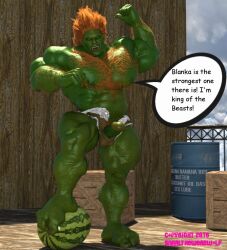 3d 3d_(artwork) balls bara big_penis blanka boner capcom erection green_body green_skin male male_only muscles muscular orange_hair penis penis_out snarlthewerewolf solo solo_male speech_bubble street_fighter