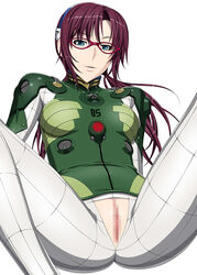 1girls bodysuit breasts brown_hair censored clothing female glasses human interface_headset kansuke light-skinned_female light_skin long_hair mari_illustrious_makinami neon_genesis_evangelion pilot_suit plugsuit pussy rebuild_of_evangelion small_breasts solo spread_legs