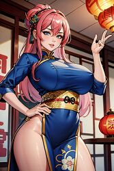 ai_generated blue_eyes chinese_new_year huge_breasts pink_hair qipao yodayo