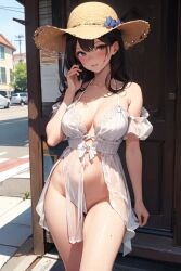 ai_generated big_breasts big_hips black_hair blue_eyes girl hat long_hair no_bra no_panties no_underwear public public_exposure public_nudity straw_hat summer_dress white_dress