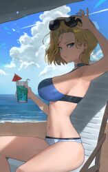 adjusting_eyewear android_18 arm_up armpits beach bikini blue_bikini blue_eyes blue_sky breasts choker cloud cocktail_umbrella commentary cup day dragon_ball drinking_glass drinking_straw earrings english_commentary eyewear_on_head female hand_on_eyewear highres holding holding_cup hood_x_art ice ice_cube jewelry large_breasts looking_at_viewer navel ocean outdoors short_hair sitting skindentation sky solo sunglasses swimsuit