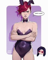 2girls abs angry_face arcane arcane_caitlyn arcane_vi bowtie bunny_ears bunnysuit caitlyn_kiramman dexi_draws league_of_legends muscles muscular_female no_underwear nose_piercing red_hair riot_games short_hair six_pack small_breasts tattoo thigh_gap tight_clothing vi yuri