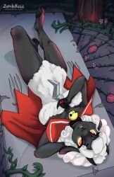 anthro anthro_female artist_name artist_website bell bell_collar black_body black_skin claw_marks cult_of_the_lamb dagger flowers furry furry_female insinuation knife lamb lamb_(cult_of_the_lamb) laying_down laying_on_back looking_at_viewer looking_up red_cape red_eyes sacrificial_altar sheep smiling smiling_at_viewer solo solo_female summoning summoning_circle vine waiting white_hair yellow_sclera zombikiss