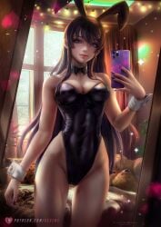 1girls axsens breasts bunnysuit cleavage fake_animal_ears female female_only hi_res leotard mirror mirror_selfie sakurajima_mai seishun_buta_yarou_wa_bunny_girl_senpai_no_yume_wo_minai smartphone solo tagme