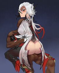 1boy 1girls arlecchino_(genshin_impact) big_ass blush bone_deker clothed_female_nude_male cowgirl_position dark-skinned_male genshin_impact interracial looking_back open_clothes open_shirt sex sitting_on_lap white_hair