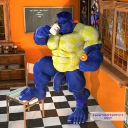 3d 3d_(artwork) anthro balls bara beast_(x-men) big_penis blue_body bottomless flaccid furry glasses hank_mccoy male male_only marvel marvel_comics mug muscles muscular pantsless penis shirt snarlthewerewolf solo solo_male x-men