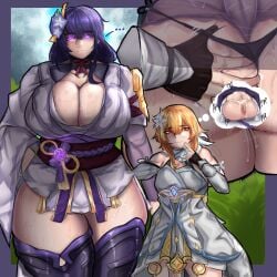 1futa 1girls adoniasfra age_difference barely_visible_genitalia big_ass big_penis breasts clothed clothing cum daydream fantasizing female flaccid futa_on_female futa_with_female futanari genshin_impact giantess grabbing_ass human imminent_sex implied_futanari ineffective_clothing larger_female light-skinned_female light-skinned_futanari light_skin lumine_(genshin_impact) mating_press milf mini_giantess mostly_clothed penis pussy_juice raiden_shogun size_difference smaller_futanari standing sweat thighhighs think_bubble thinking venus_body