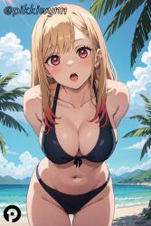 ai_generated arms_behind_back bangs beach bikini black_bikini blonde_hair blue_sky blush breasts cleavage cloud collarbone cowboy_shot day ear_piercing earrings female female_only jewelry kitagawa_marin large_breasts leaning_forward long_hair looking_at_viewer multicolored_hair navel ocean open_mouth outdoors palm_tree piercing pikkiwynn pointy_chin red_eyes red_hair sky solo sono_bisque_doll_wa_koi_wo_suru swimsuit tree