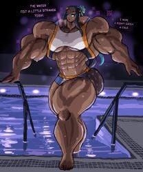 1girls abs barefoot dialogue extreme_muscles hyper hyper_muscles muscular muscular_arms muscular_female muscular_thighs nessa_(pokemon) nodegama pecs pokemon pool poolside steam steaming_body unaware wet