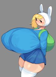 1girls 2024 adventure_time alternate_breast_size arms_behind_back ass backpack big_ass big_breasts black_eyes blonde_hair blue_clothing blue_shirt blue_skirt blush bottomwear breasts breasts_bigger_than_head bulumble-bee busty cartoon_network clothed clothed_female clothes clothing curvaceous curvy embarrassed fake_animal_ears female fionna_the_human_girl front_view fully_clothed gigantic_breasts grey_background hair hands_behind_back hat headwear huge_breasts human large_ass large_breasts legs_together legwear light-skinned_female light_skin long_hair looking_at_viewer miniskirt nipple_bulge shirt side_view simple_background skindentation skirt solo standing stockings sweat sweatdrop teenager thick_thighs thighhighs thighs three-quarter_portrait top_heavy topwear voluptuous white_legwear wide_hips