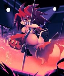 ass beast_tamer beastmaster_(disgaea) bimbo breasts disgaea happy huge_ass large_breasts looking_back pole pole_dancer pole_dancing public red_hair riendonut stripper tagme thong