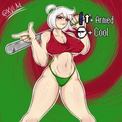 1girls :3 ahoge baseball_bat belly_button bra breasts female green_background green_fingernails green_panties holding_object holding_weapon infinity_jersey knees_up light-skinned_female light_skin lisa_(series) lisa_the_pointless medium_hair midriff nipple_bulge nipples_visible_through_clothing oc original_character painted_fingernails panties patty_pattycake_(wamyremy) pointing red_background red_eyes self_upload signature smug smug_face solo_female spiral_background status_effect thick_thighs thighs tight_bra tight_clothing underboob underwear underwear_only white_hair xvi