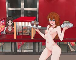 2girls background_characters black_hair blanca:_a_broke_girl_in_the_slums blanca_(blanca) blue_eyes blush breasts burger cleavage clothed_female_nude_female completely_nude completely_nude_female drink duskcraft embarrassed embarrassed_nude_female enf exhibitionism female_only long_hair multiple_girls navel nipples nude nude_female nudist public_indecency pussy red_hair small_breasts tray waitress