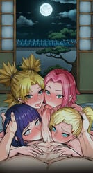 1boy 4girls blonde_hair blowjob blue_eyes blue_hair blush bowsey collaborative_fellatio fellatio female green_eyes harem hyuuga_hinata ino_yamanaka large_penis looking_at_viewer male multiple_girls naruto naruto_(series) naruto_shippuden oral oral_sex pink_hair ponytail pov quadruple_fellatio ratatatat74 sakura_haruno straight teamwork temari third-party_edit