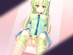 blush detached_sleeves frog green_hair green_socks hair_ornament knee_socks kneehighs kneesocks long_hair looking_at_viewer panties peeing plastic_erazer pussy sanae_kochiya snake socks solo striped_kneehighs striped_socks toilet toilet_use touhou uncensored underwear yellow_eyes