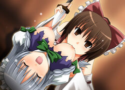 bow braid breast_sucking breasts brown_eyes brown_hair closed_eyes empty_eyes female female_only hairbow human knife long_hair multiple_girls nipples no_visible_genitalia open_mouth reimu_hakurei sakuya_izayoi sazaki_hiyoru silver_hair tears throwing_knife torn_clothes touhou twin_braids weapon yuri