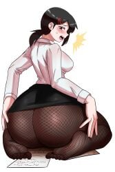 1girls ass big_ass black_hair breasts chainsaw_man dat_ass feet female female_only fishnets higashiyama_kobeni huge_ass kneeling large_ass large_breasts light-skinned_female light_skin office_lady pantyhose ponytail skirt_too_short tights ytrall