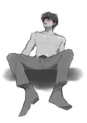 bulge bulge_through_clothing cum dark_hair distance male male_only manspreading precum remote remote_control shirtless stain stained_clothes stained_clothing stained_pants tanned