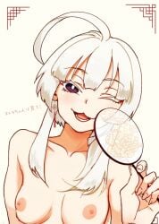 1girls :3 ;3 ;d big_breasts black_eyes breasts completely_naked completely_naked_female completely_nude completely_nude_female earrings etra-chan_saw! female female_only holding holding_mirror holding_object japanese_text large_breasts mirror naked naked_female nipples nude nude_edit nude_female nude_filter one_eye_closed sidelocks solo solo_female suzuran_(etra-chan_saw!) teeth tongue twintails upper_body white_background white_hair wink winking winking_at_viewer youtube