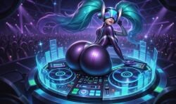 ai_edit ass ass_bigger_than_head ass_focus big_ass blue_hair dj dj_sona enormous_ass gloves helmet helmet_over_eyes huge_ass riot_games sona_(league_of_legends) sona_buvelle stage thick_thighs
